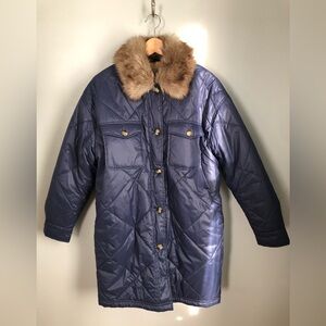 aerie Navy Puffer Coat with Brown Faux Fur Collar